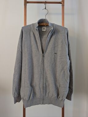Y2K Lacoste Men's Full-Zip Gray Cotton Sweater. Size XL ("6" by LACOSTE)